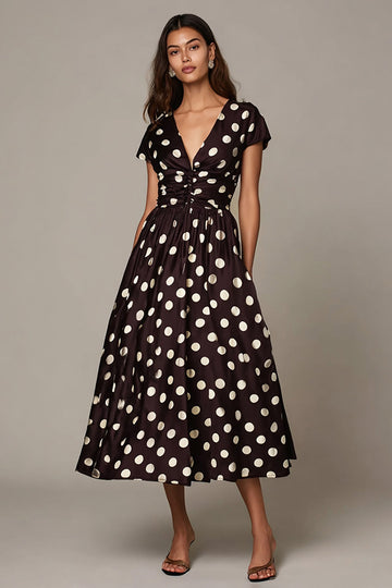 Robe formelle à col en V avec manches à pois blancs foncé
